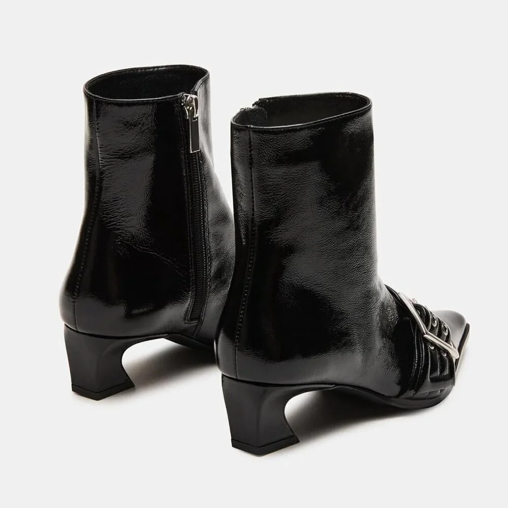 Women's Black Buckle Ankle Kitten Low Heel Eyelet Pointy Toe Dress Short Boots